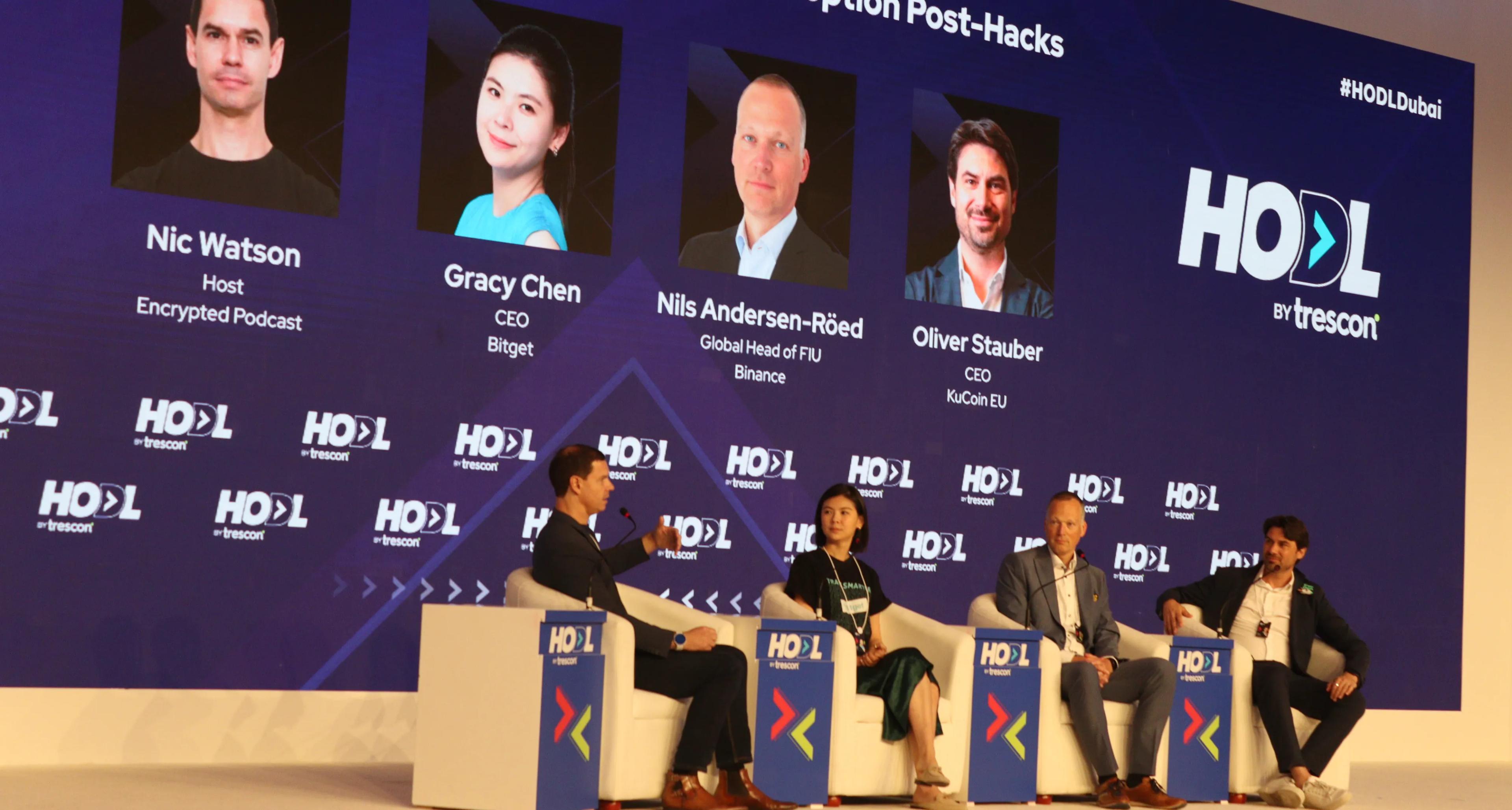 From left, Nic Watson, Encrypted podcast; Gracy Chen, Bitget; Nils Andersen-Röed, Binance; and Oliver Strauber, KuCoin EU 