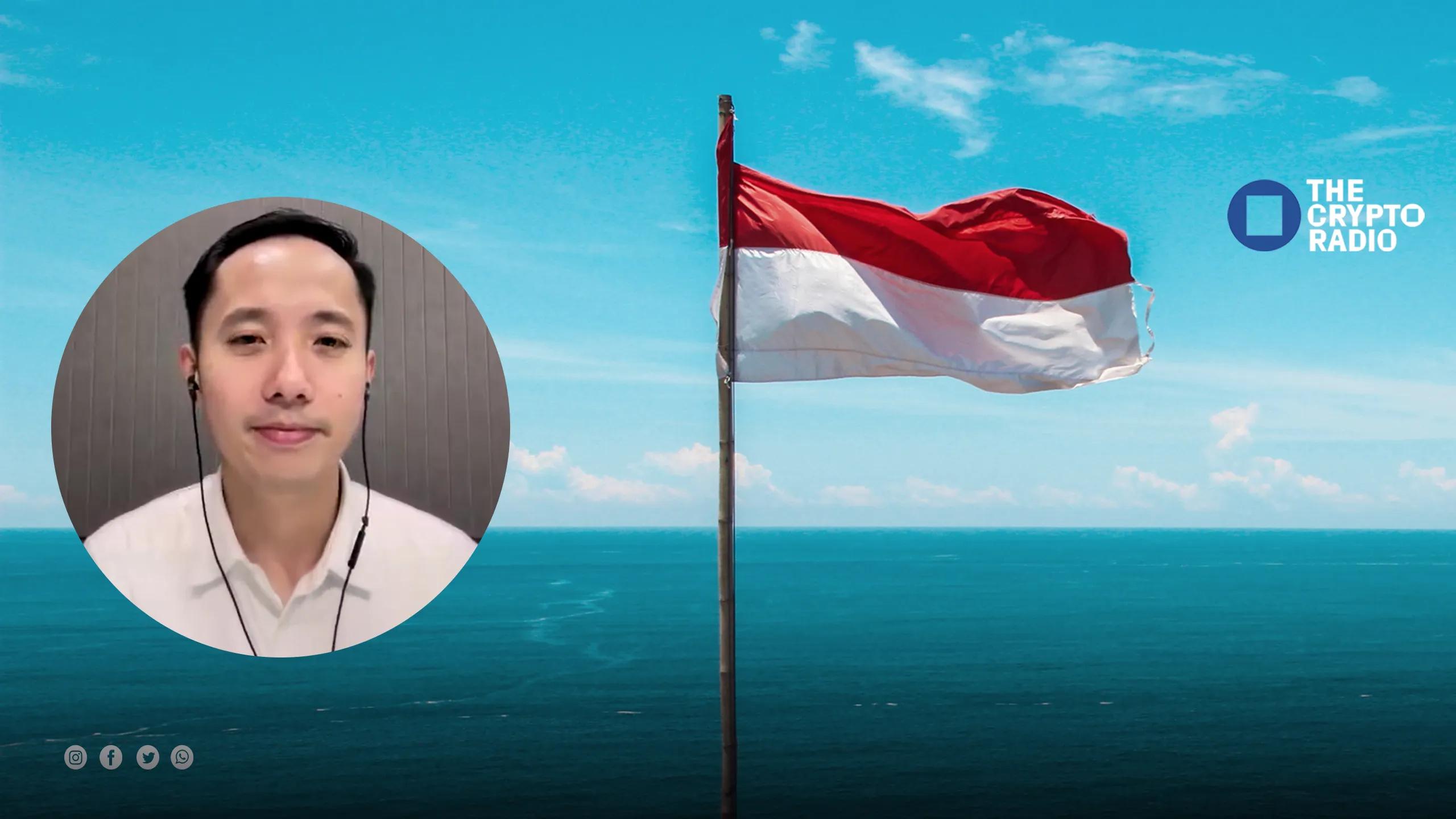 Christopher Tahir's headshot with background of Indonesian landscape and its flag
