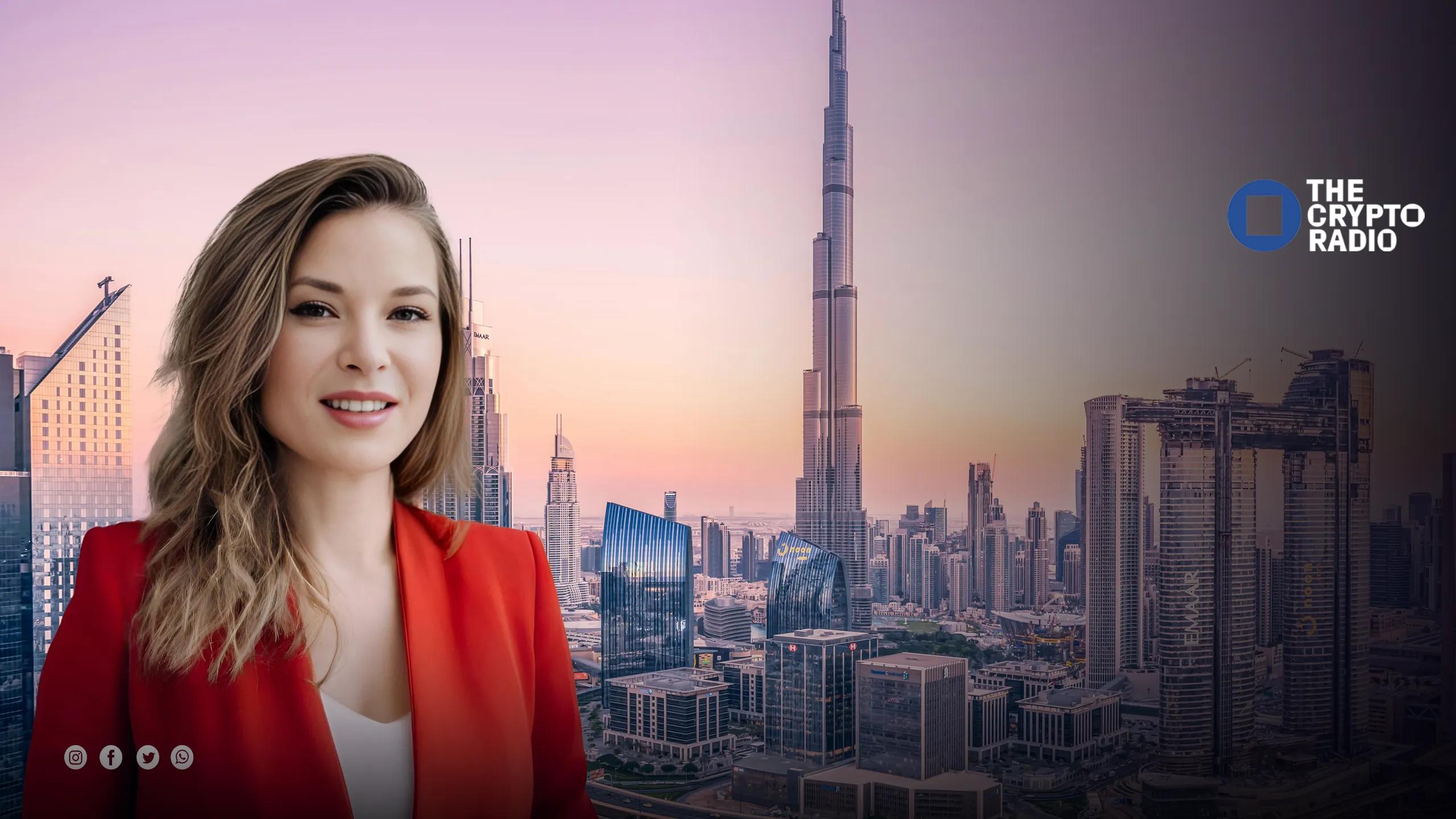 Irina Heaver's headshot with Dubai's skyline behind and The Crypto Radio logo