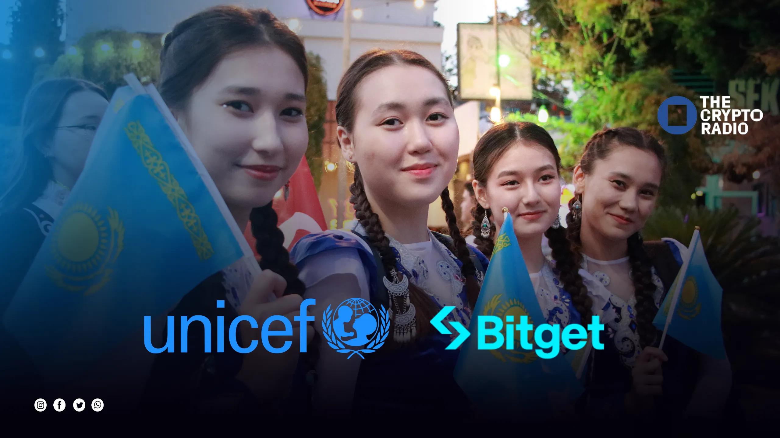 Girls in Kazakhstan with the logos of Bitget, UNICEF and The Crypto Radio