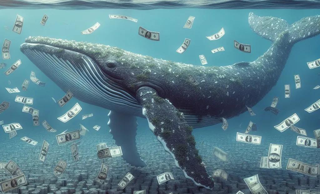 A whale underwater surrounded by bank notes