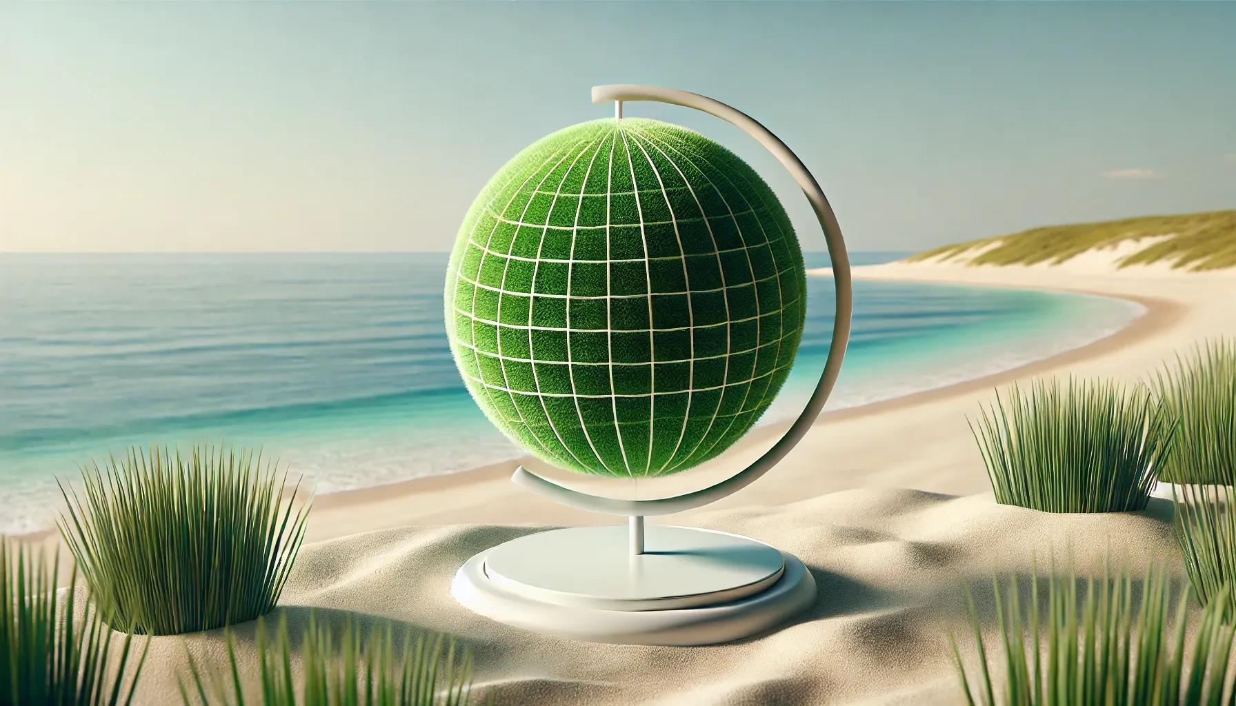 AI-generated image of a grass green globe on a beach, representing sustainable travel