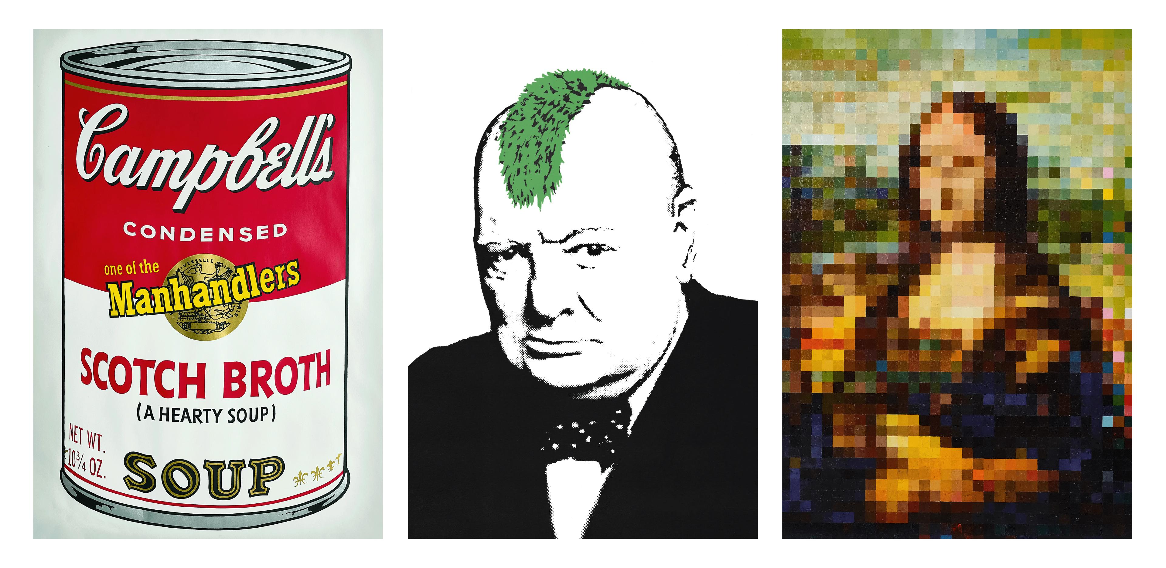 Composite image of Andy Warhol's Campbell's Soup Can II, Banksy's Turf War, and Gus Van Sant's Mona Lisa #11