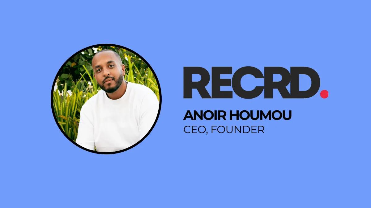 Anoir Houmou, founder and CEO of RECRD, stands next to The Crypto Radio logo