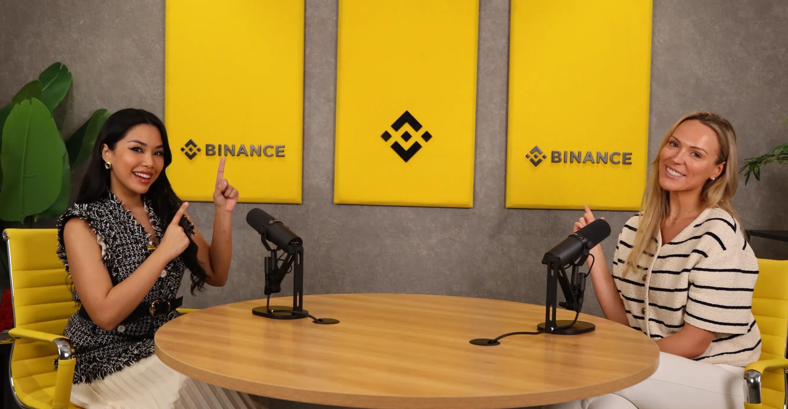Jess Walker, Global Media and Content Lead at Binance, in the Dubai office with The Crypto Radio's Aya de Quiroz
