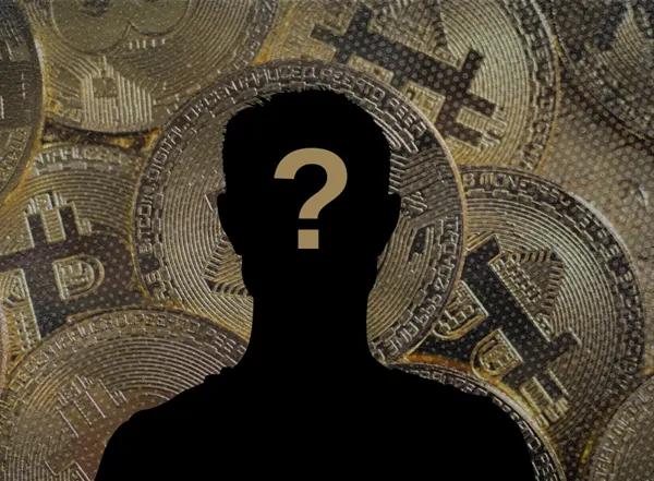 A silhouette of a man's torso and a question mark, with a Bitcoin backdrop