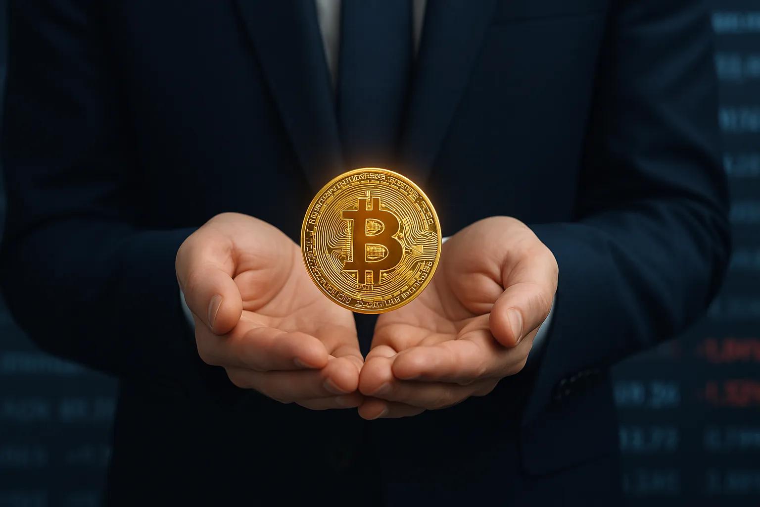 Man in a suit holding Bitcoin as a safe haven with stock price tickers showing behind him