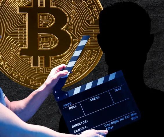 A Bitcoin coin and a film clapperboard