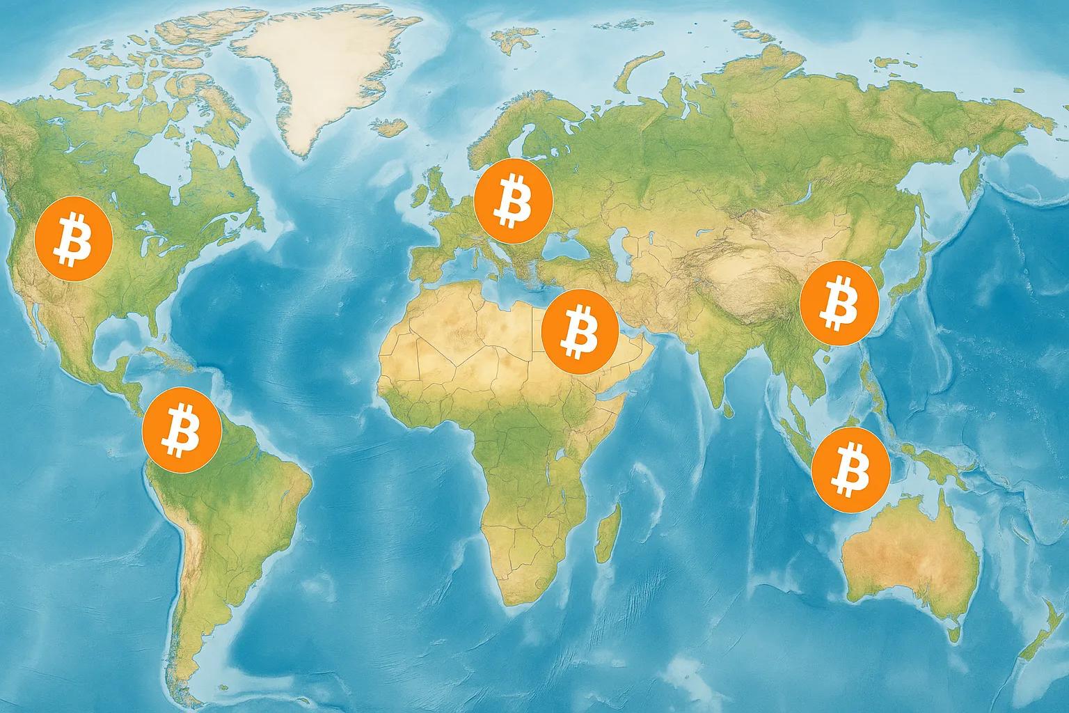 World map with Bitcoin hotspots highlighted