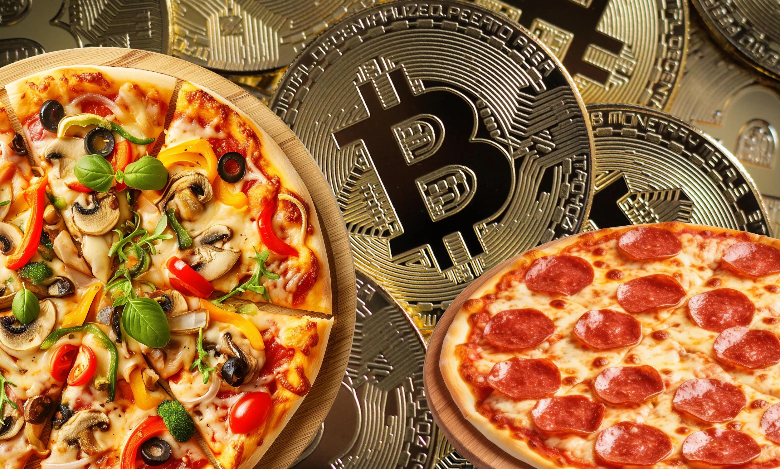 Composite image of pizzas and Bitcoin