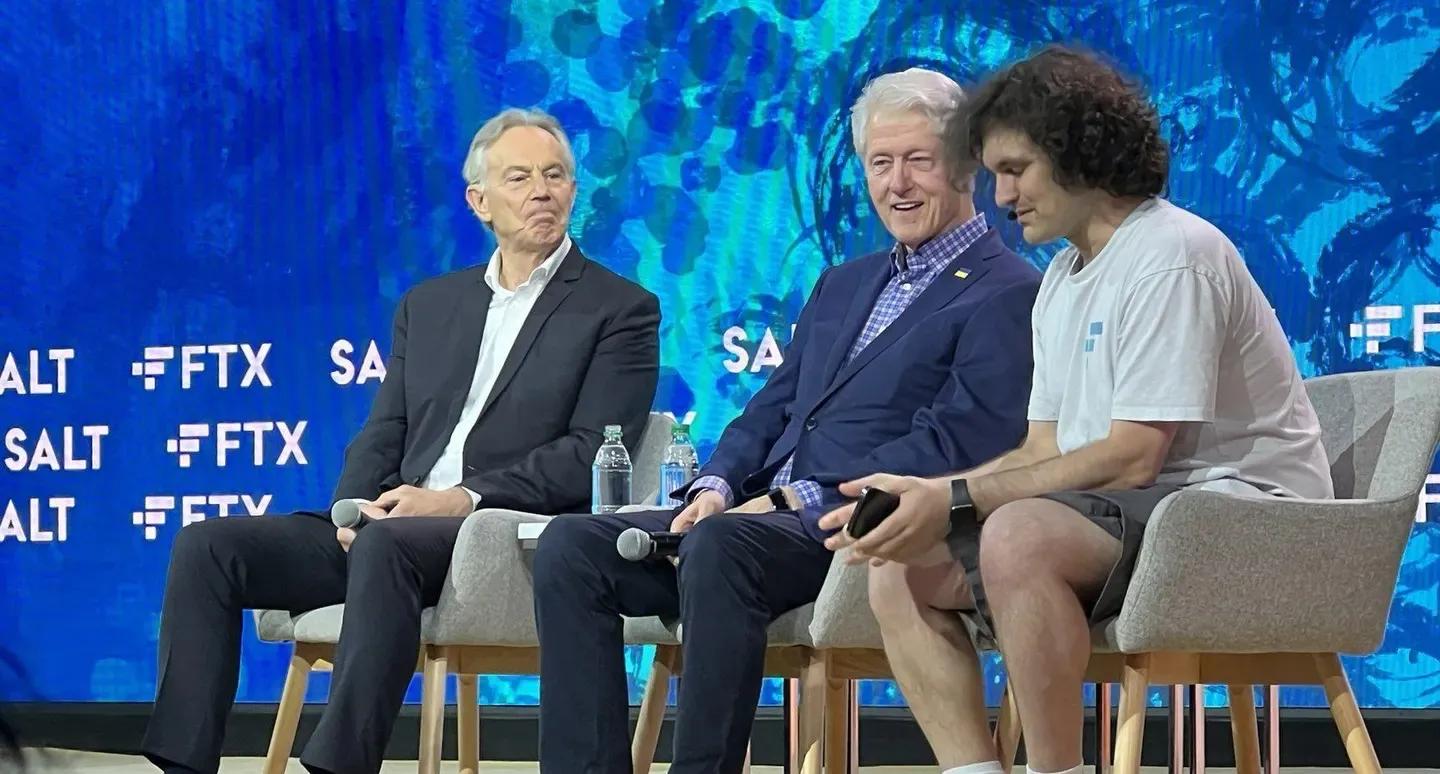 Tony Blair, Bill Clinton, and Sam Bankman-Fried on the Crypto Bahamas stage in 2022