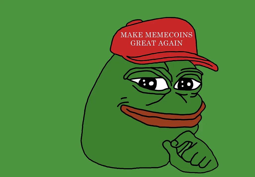 Photo of meme PEPE frog with a red MAGA hat reading Make Memecoins Great Again