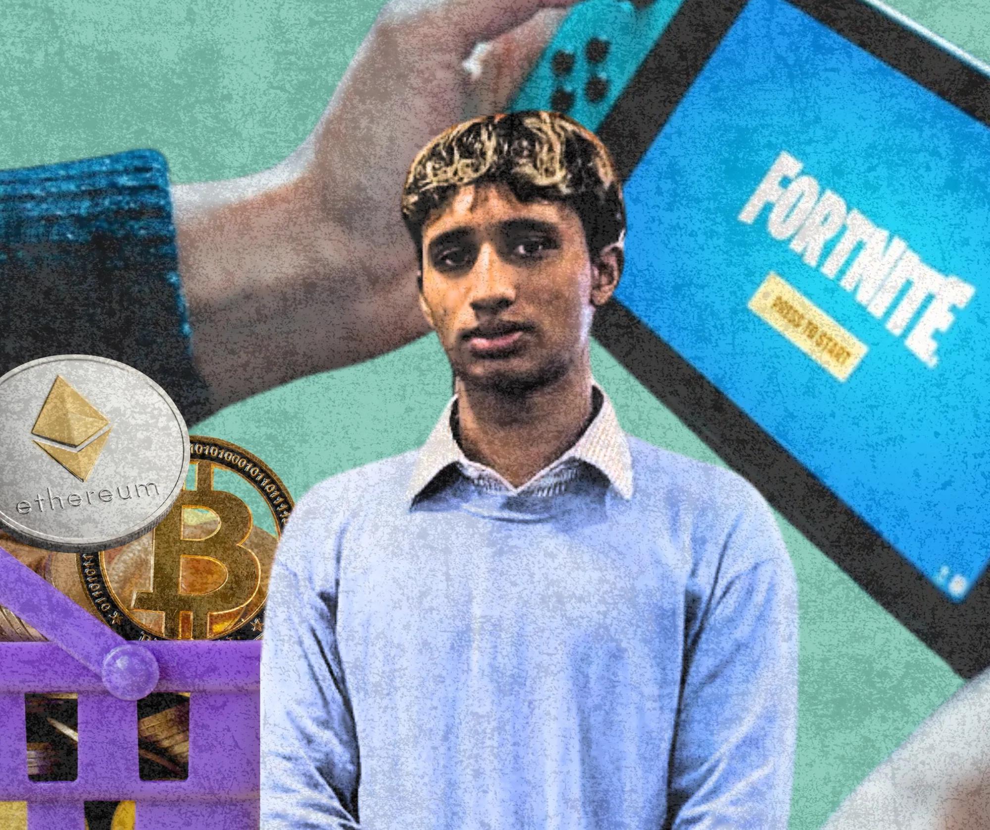 A boy stands in front of a gaming collage