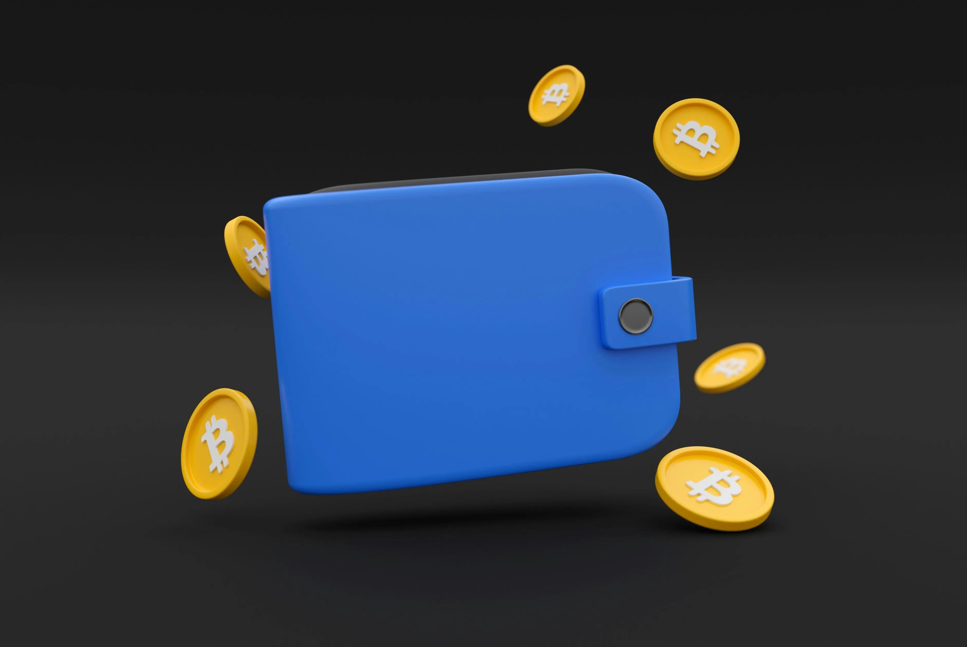 A blue wallet surrounded by Bitcoins