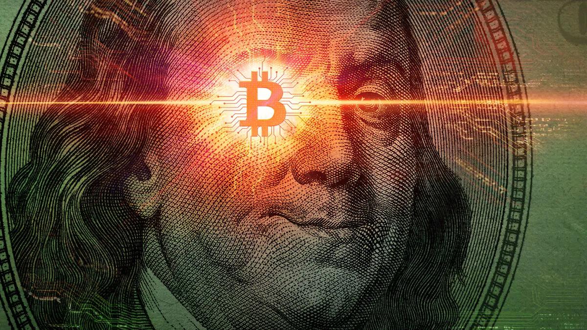 An image of a man with a Bitcoin icon for an eye