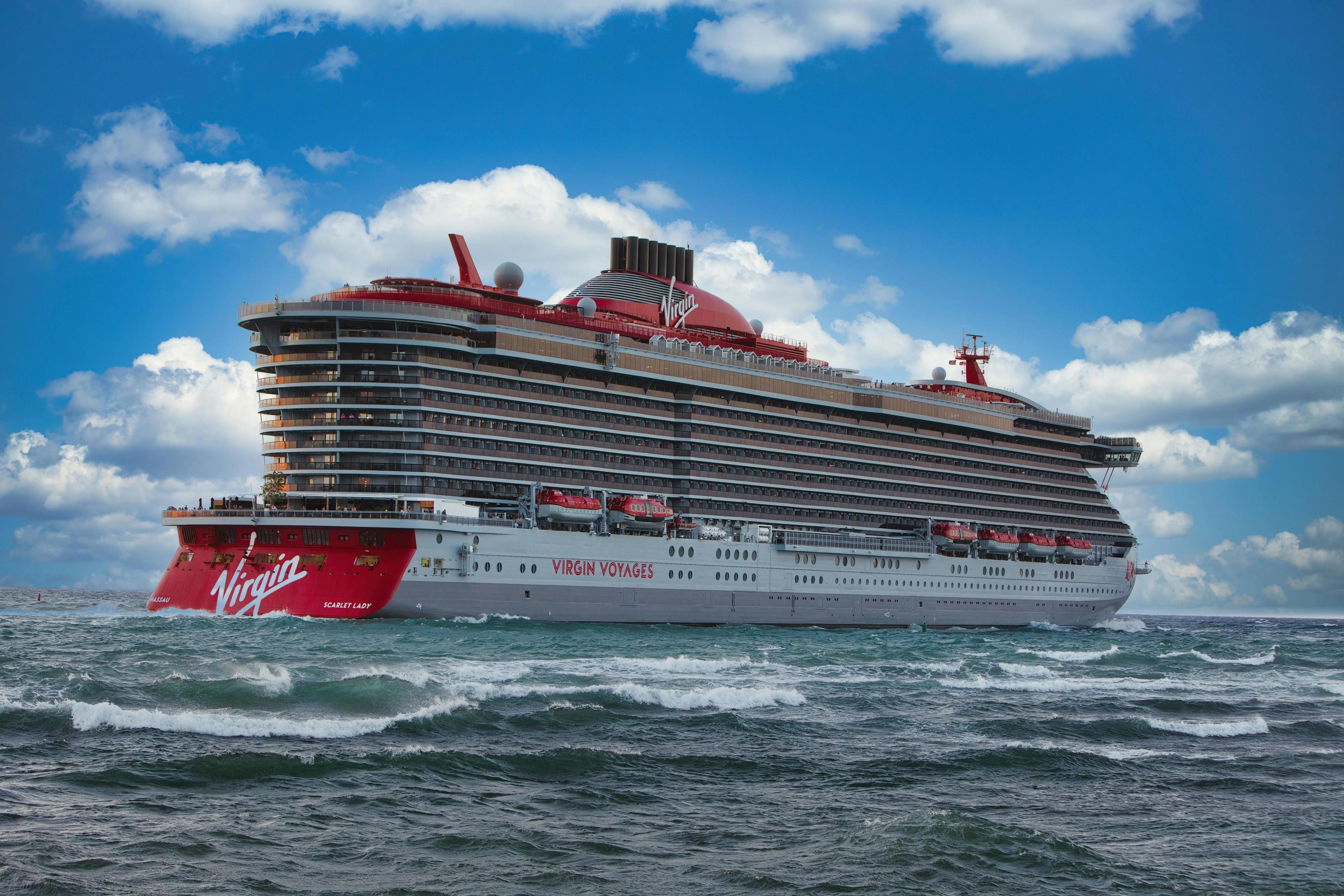 A Virgin Voyages cruise ship in the sea