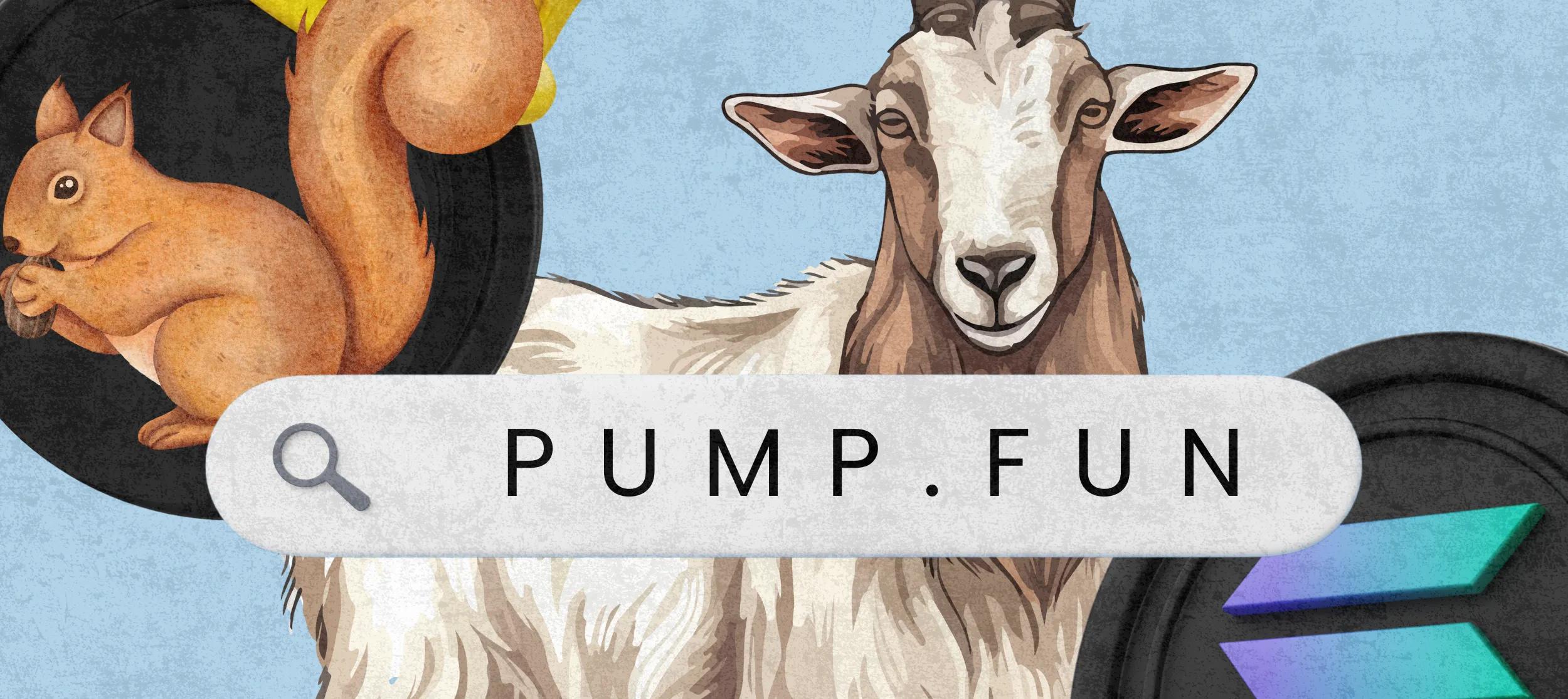 Composite image of PNUT squirrel meme, GOAT meme and words PUMP.FUN