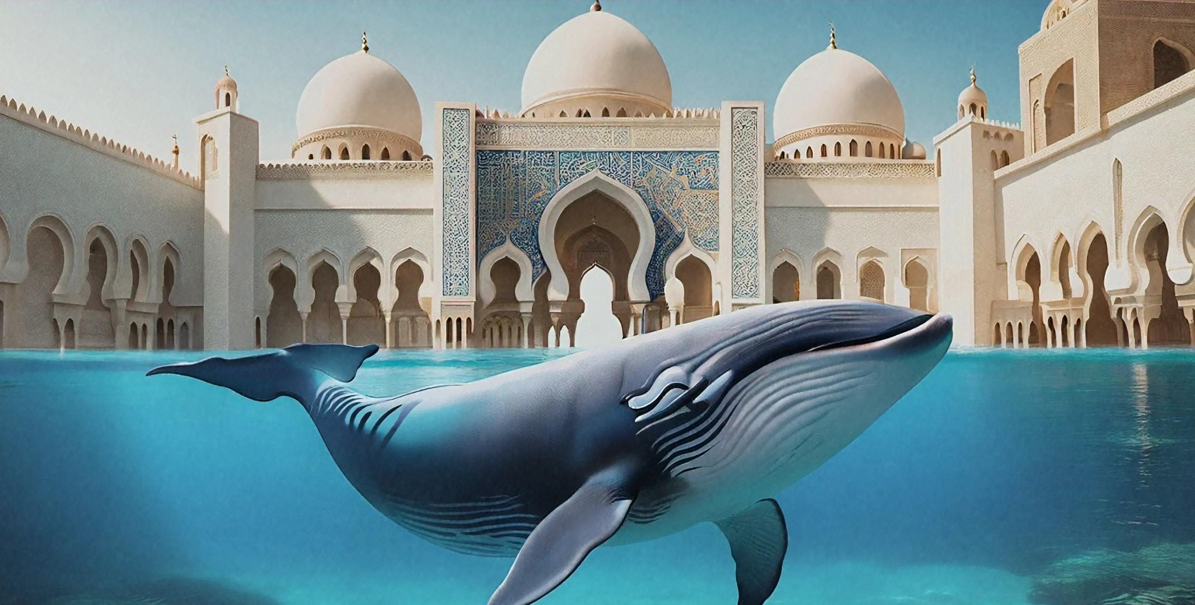 A whale in the water with a mosque in the background
