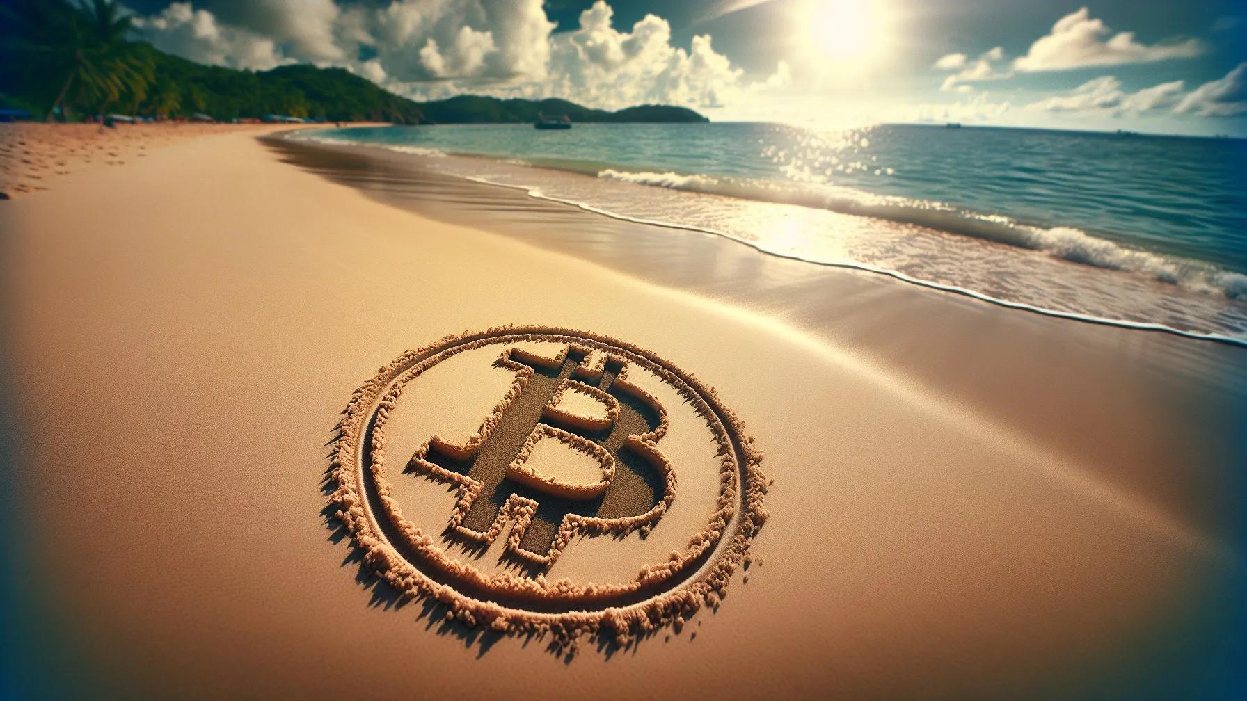 A beach with the Bitcoin logo drawn in the sand