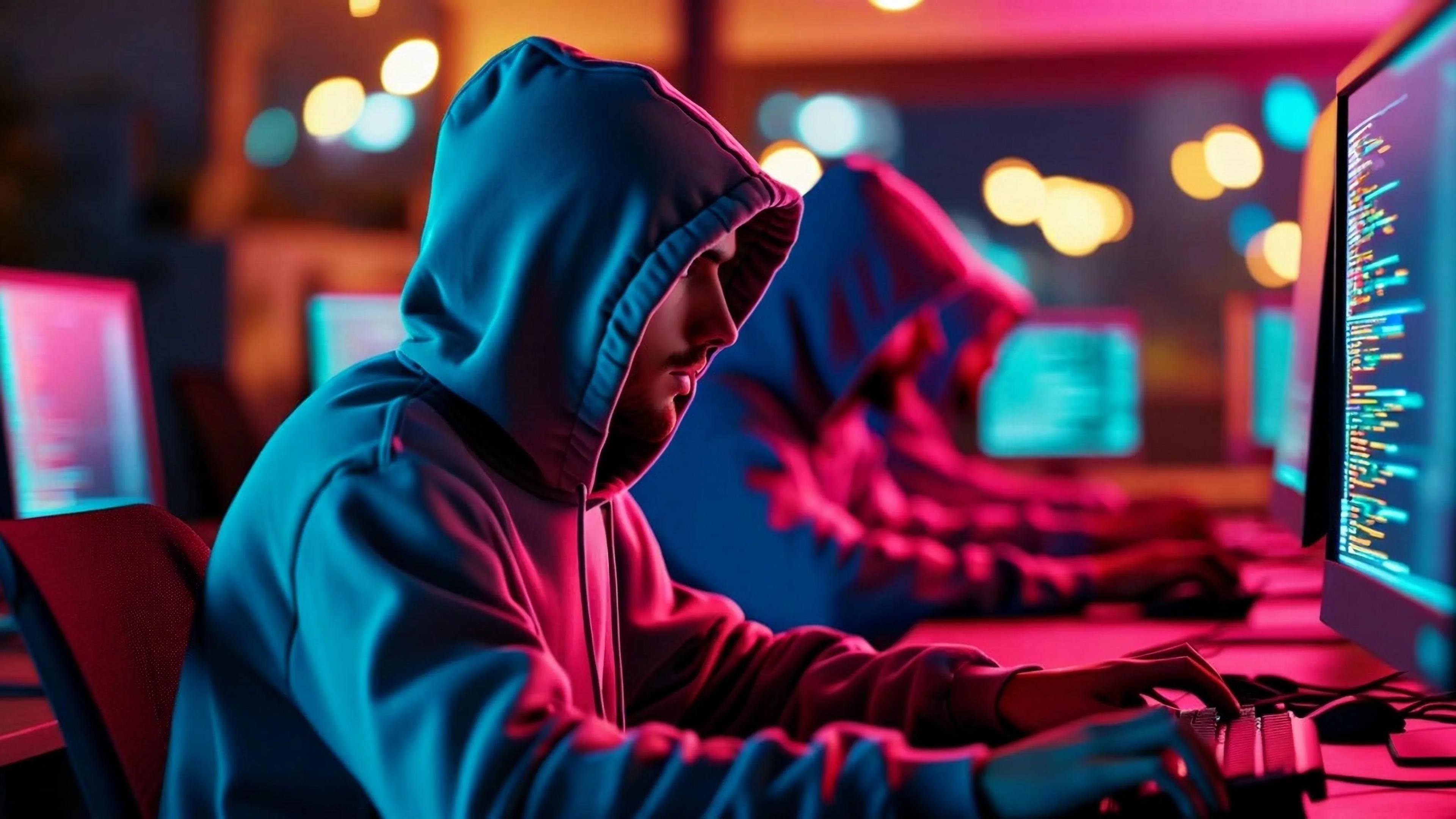 Hacker sits at a desk typing on a computer