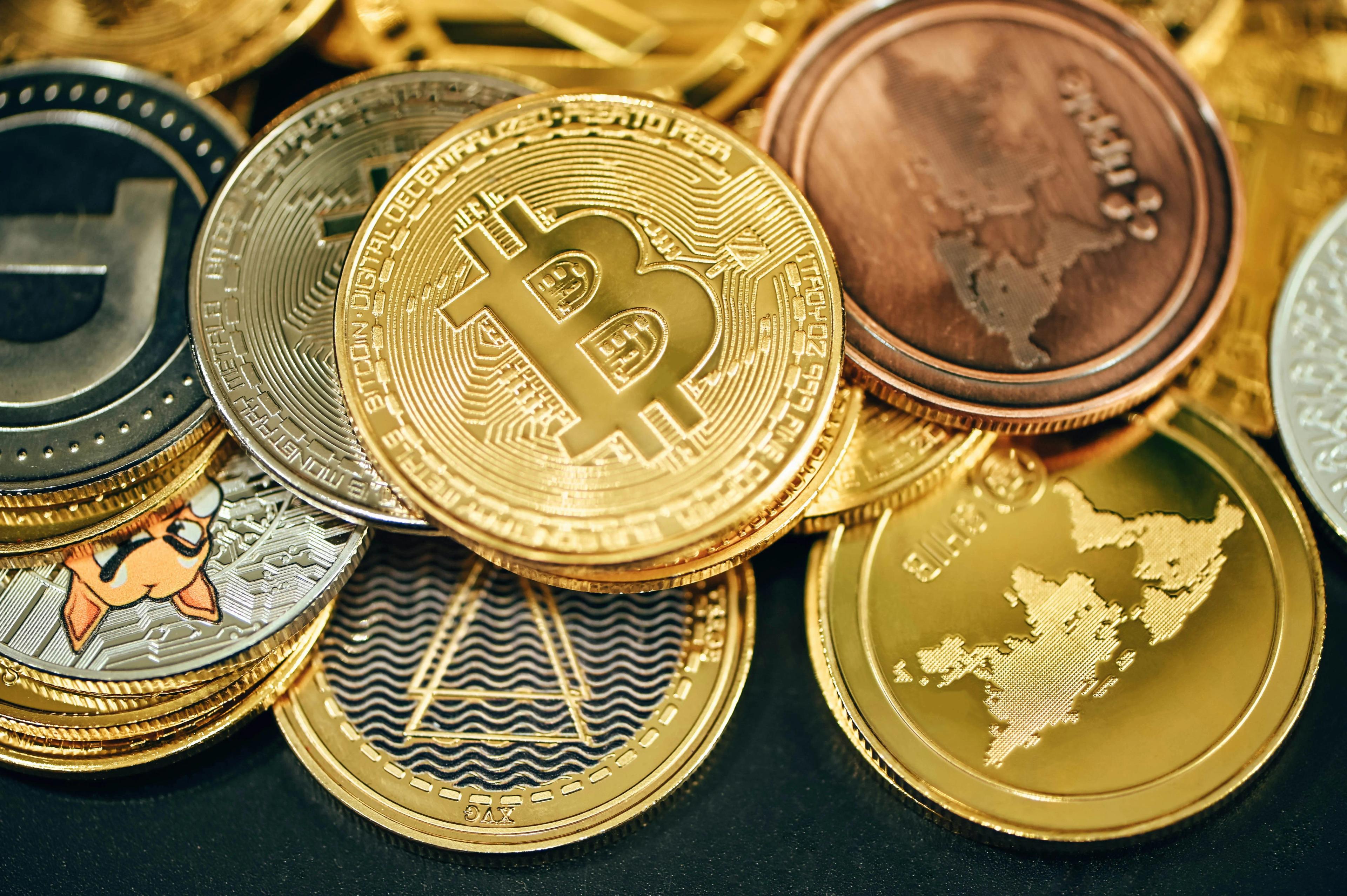 AI-generated image of a variety of coins representing different cryptocurrencies