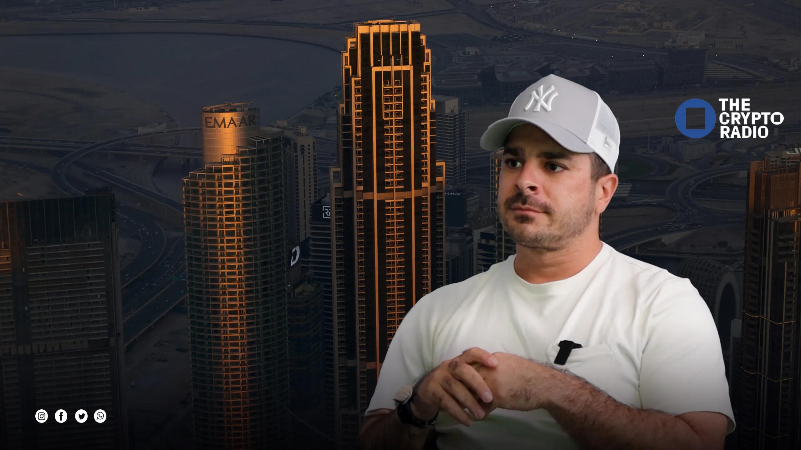 Goran Jovicic or Mr Crypto in front of Dubai's skyline