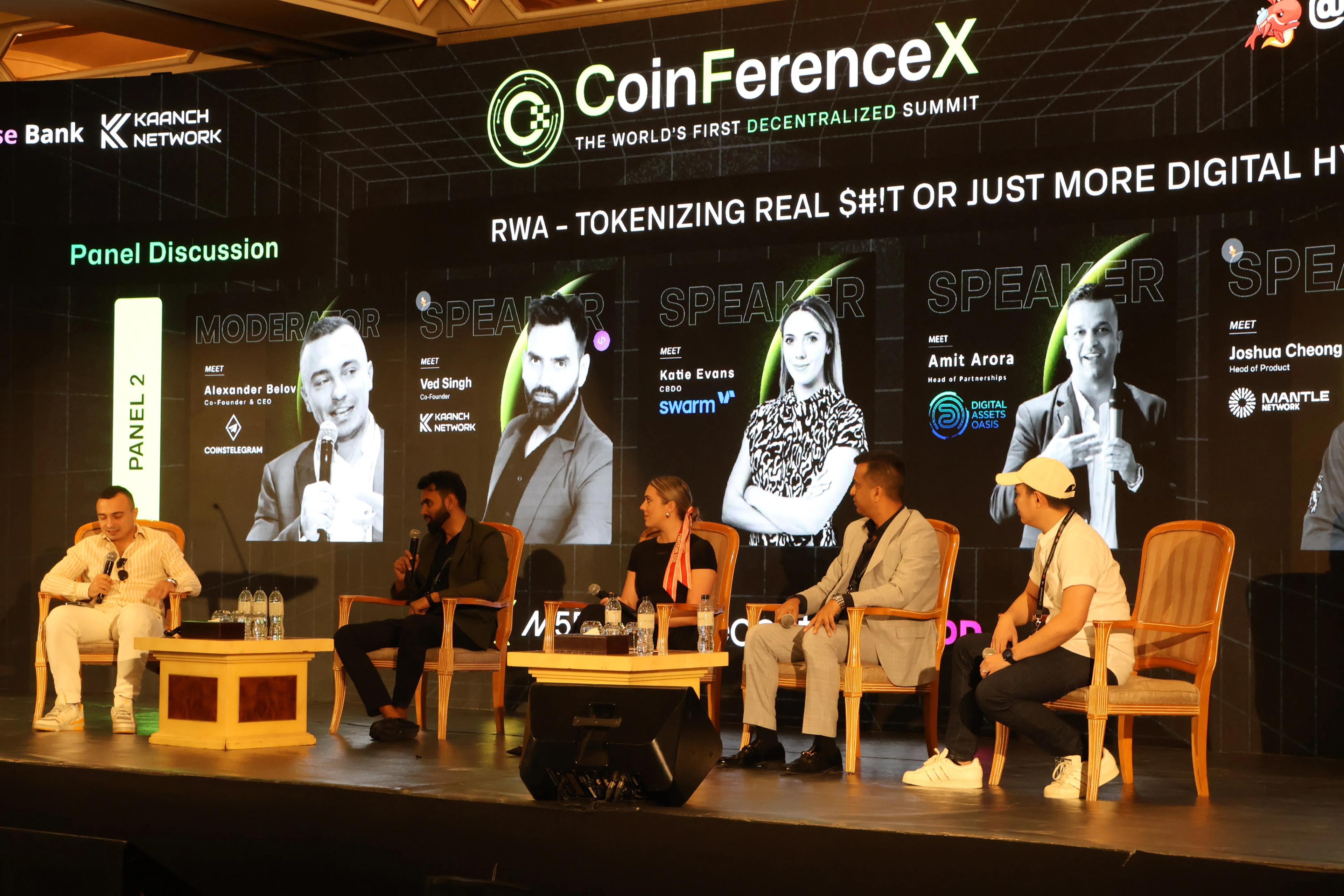 Panelists Alexander, Ved, Katie, Amit, and Joshua discuss the global rise of RWA tokenization at CoinferenceX Dubai.
