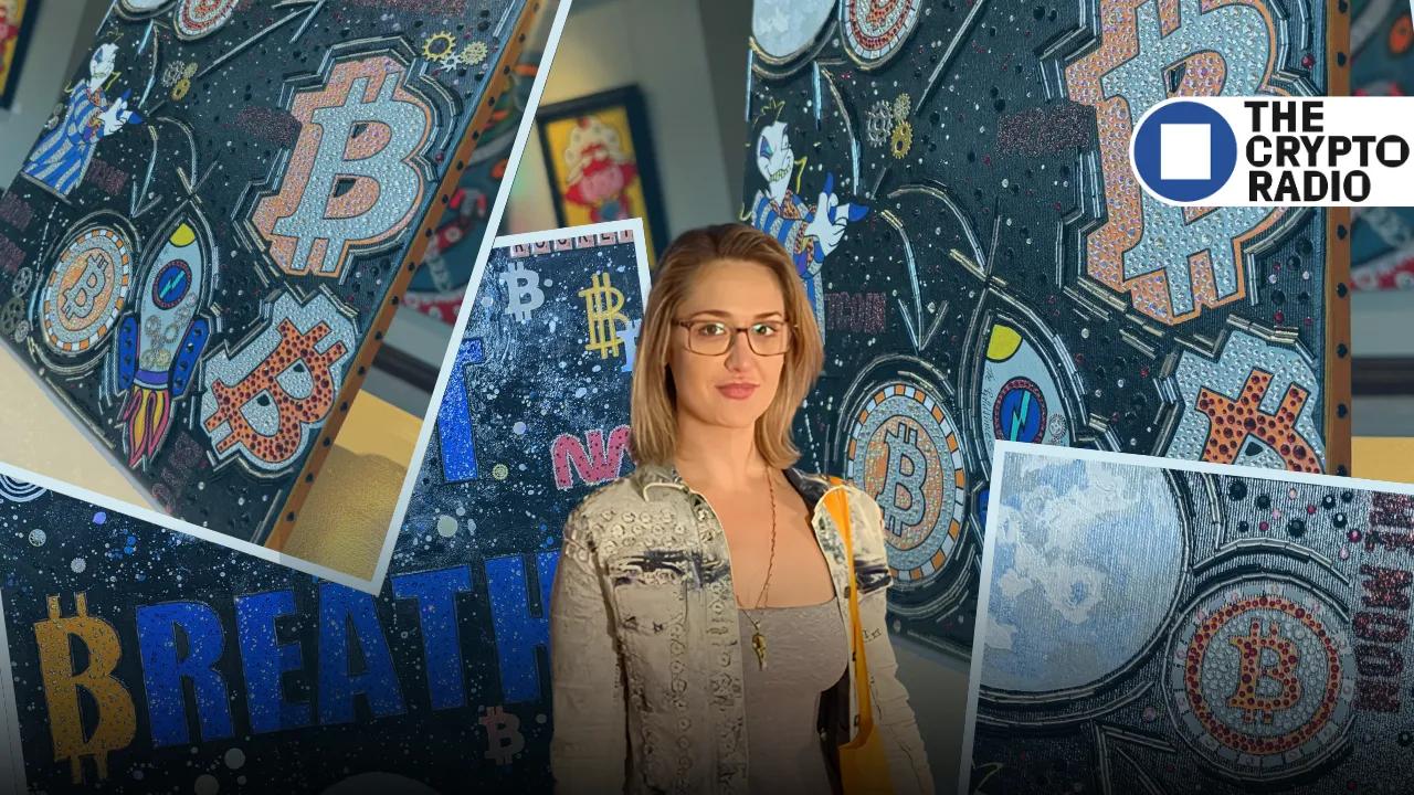 Maja Aleksandra Gackowska aka Pop Art Princess surrounded by her Bitcoin art