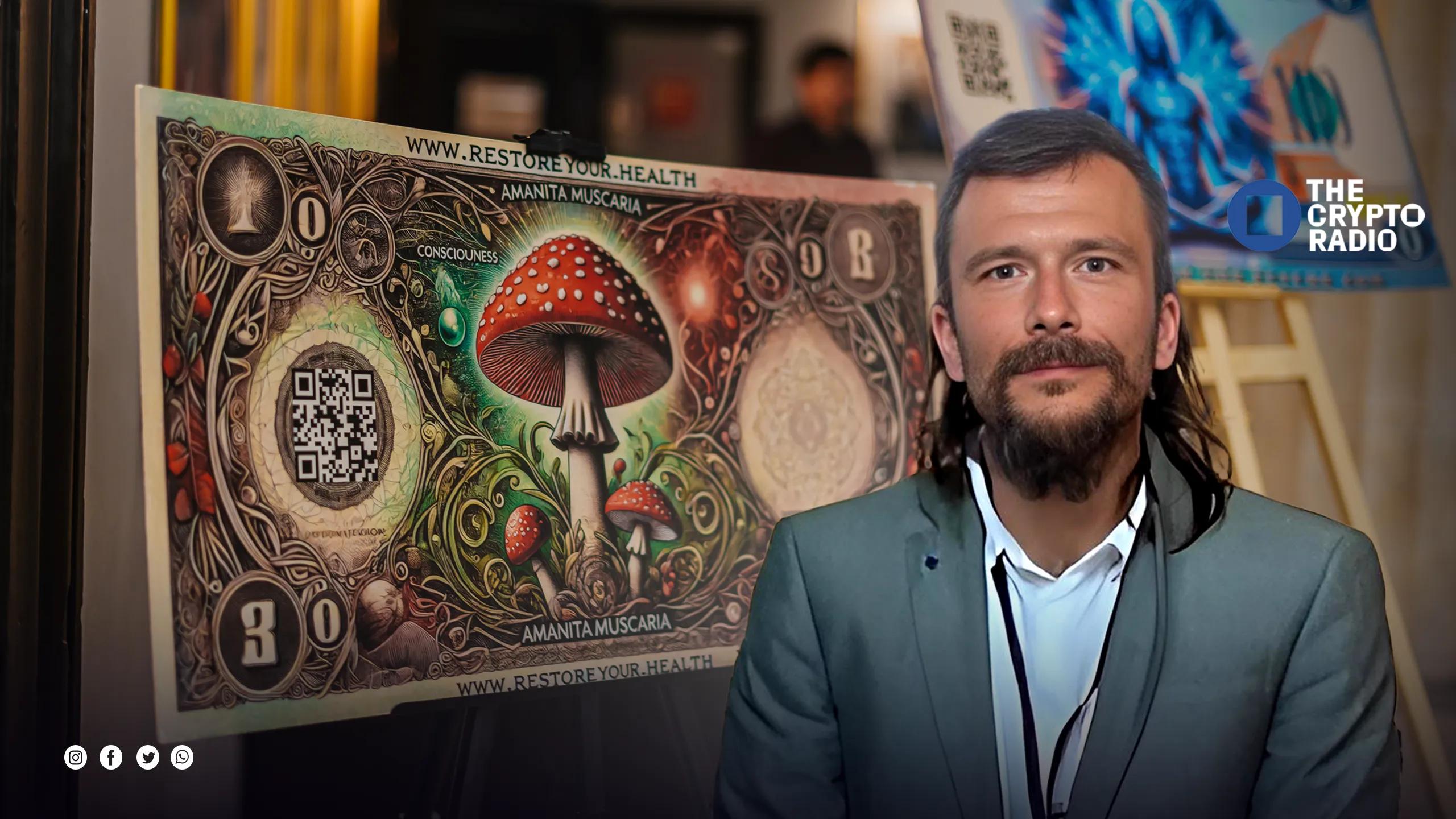 Mars Robertson, a Polish artist, with his art in the background