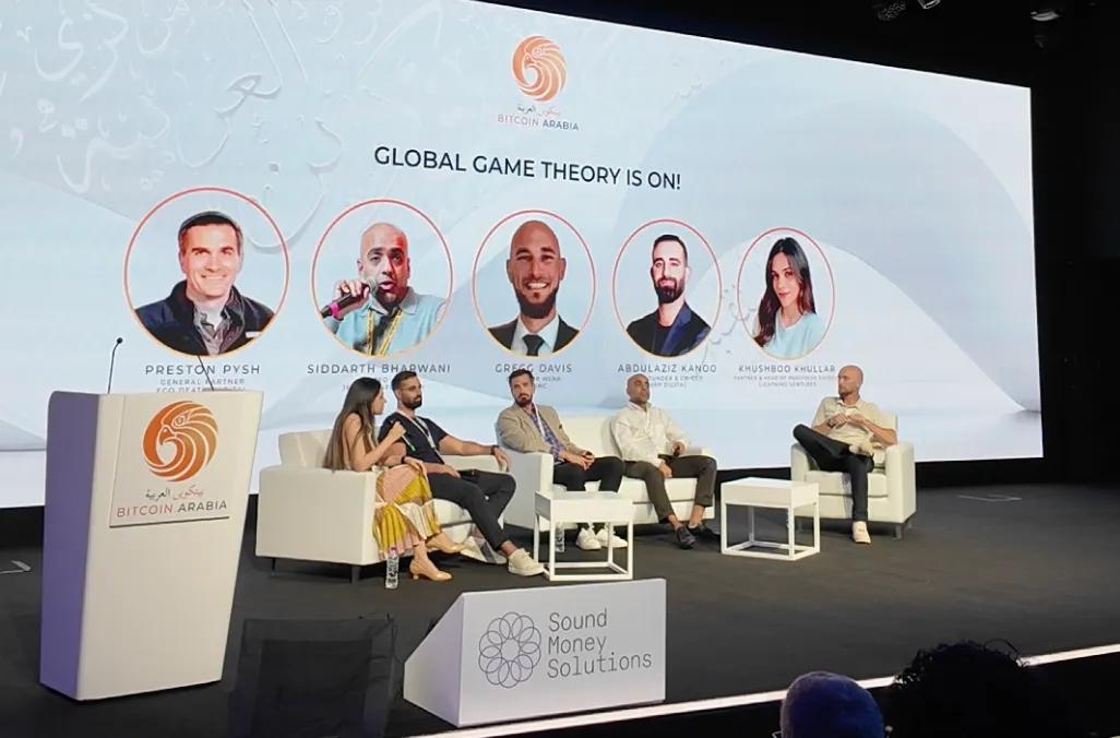 From left, Khushboo Khullar, Abdulaziz Kanoo, Preston Pysh, Siddarth Bharwani, and Gregg Davis, on the Bitcoin Oasis panel in Dubai