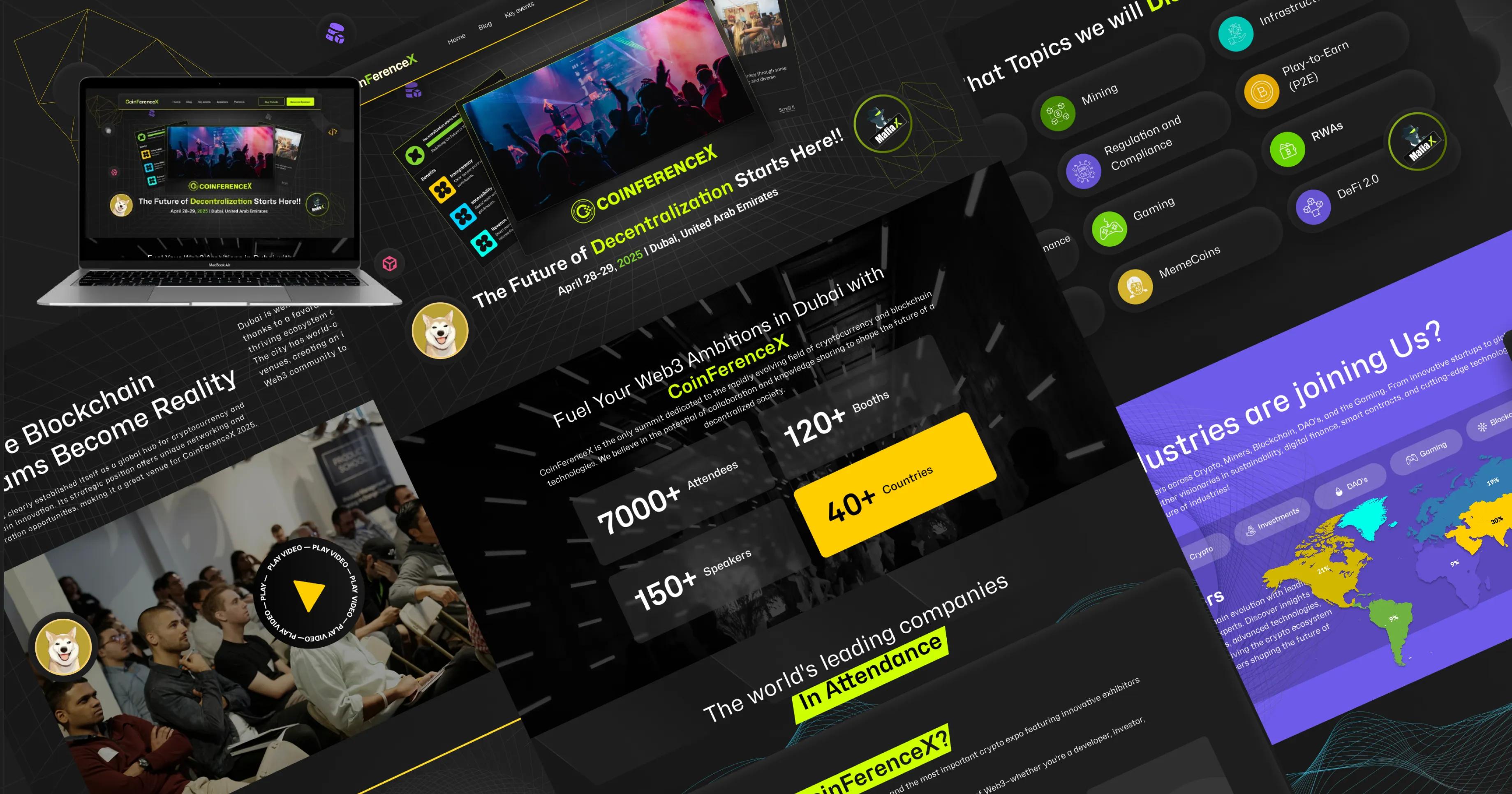 Lots of computer screens showing photos and stats about the CoinFerenceX event coming to Dubai in April 2025