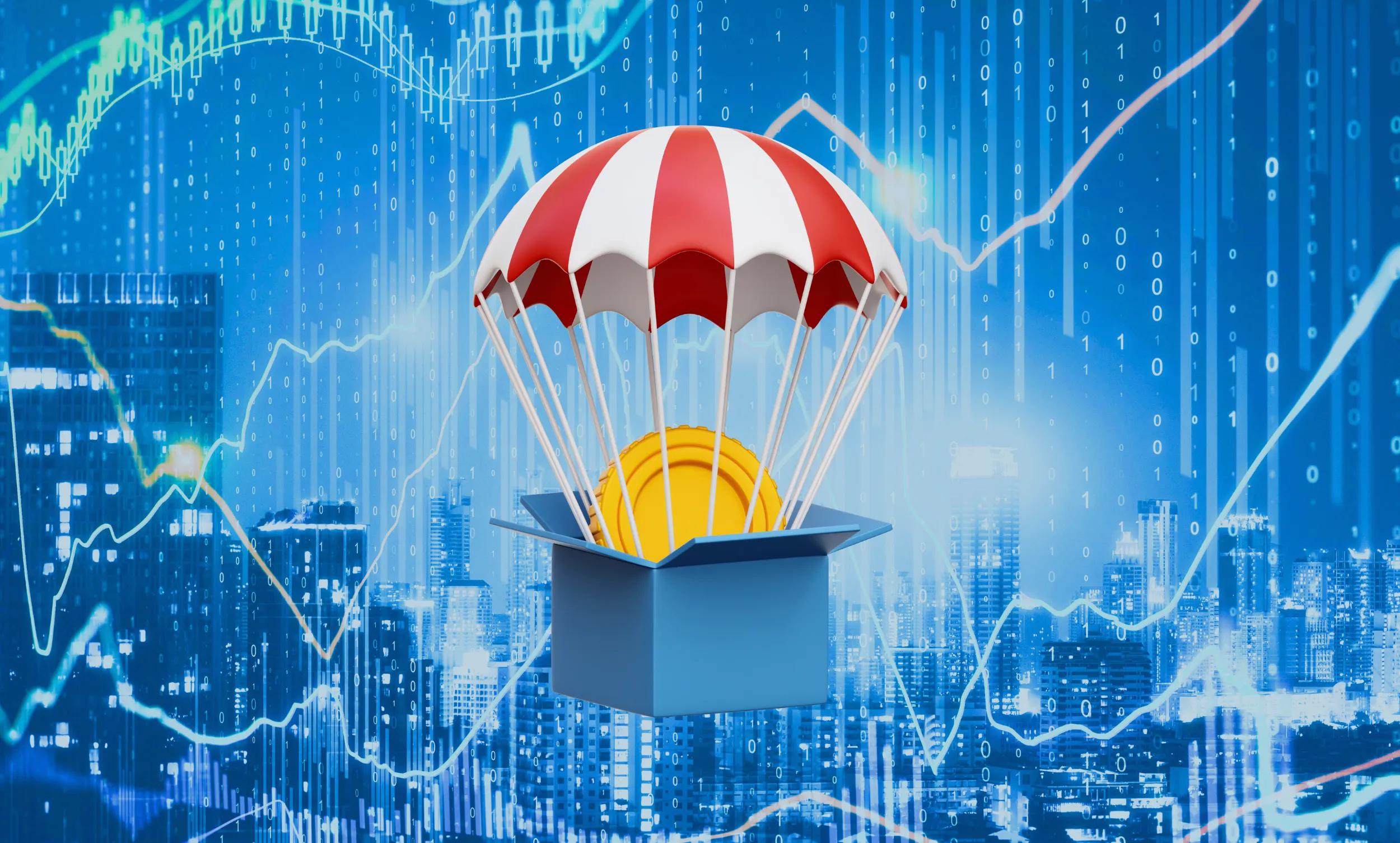 parachute attached to a blue box containing golden coins