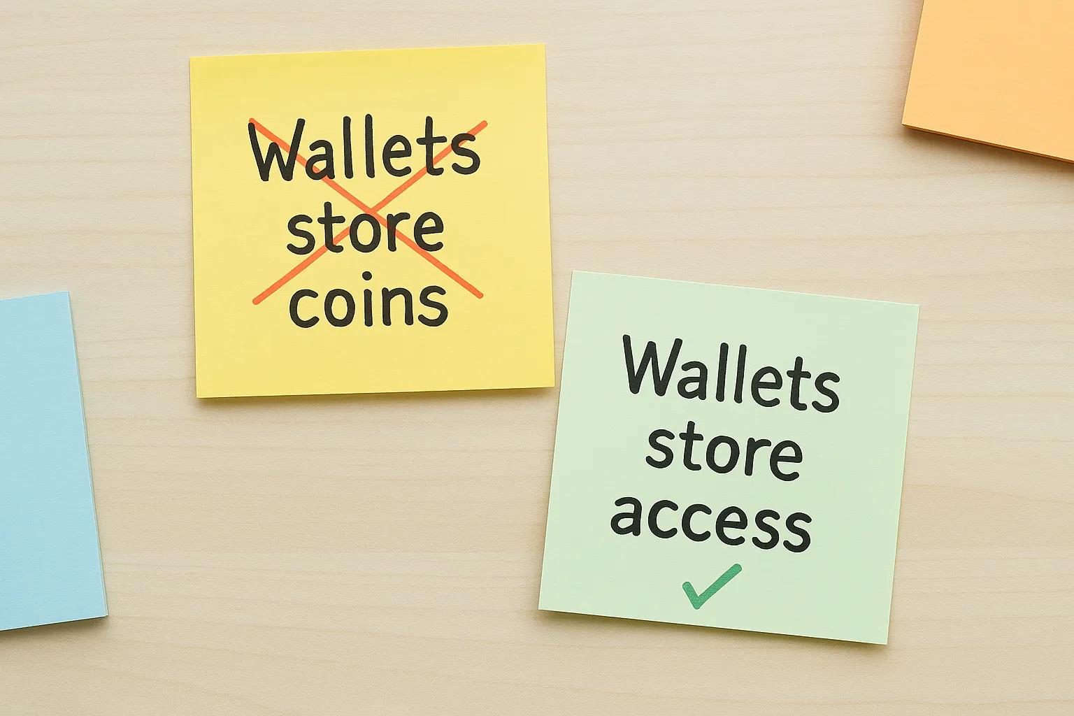 Sticky notes with crypto wallet-related myths, saying wallets don't store coins but they do store access to the coins