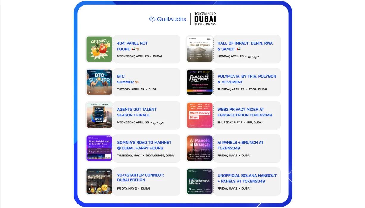 List of all QuillAudits events during TOKEN2049 in April 2025 in Dubai, UAE, including others they're partnering with