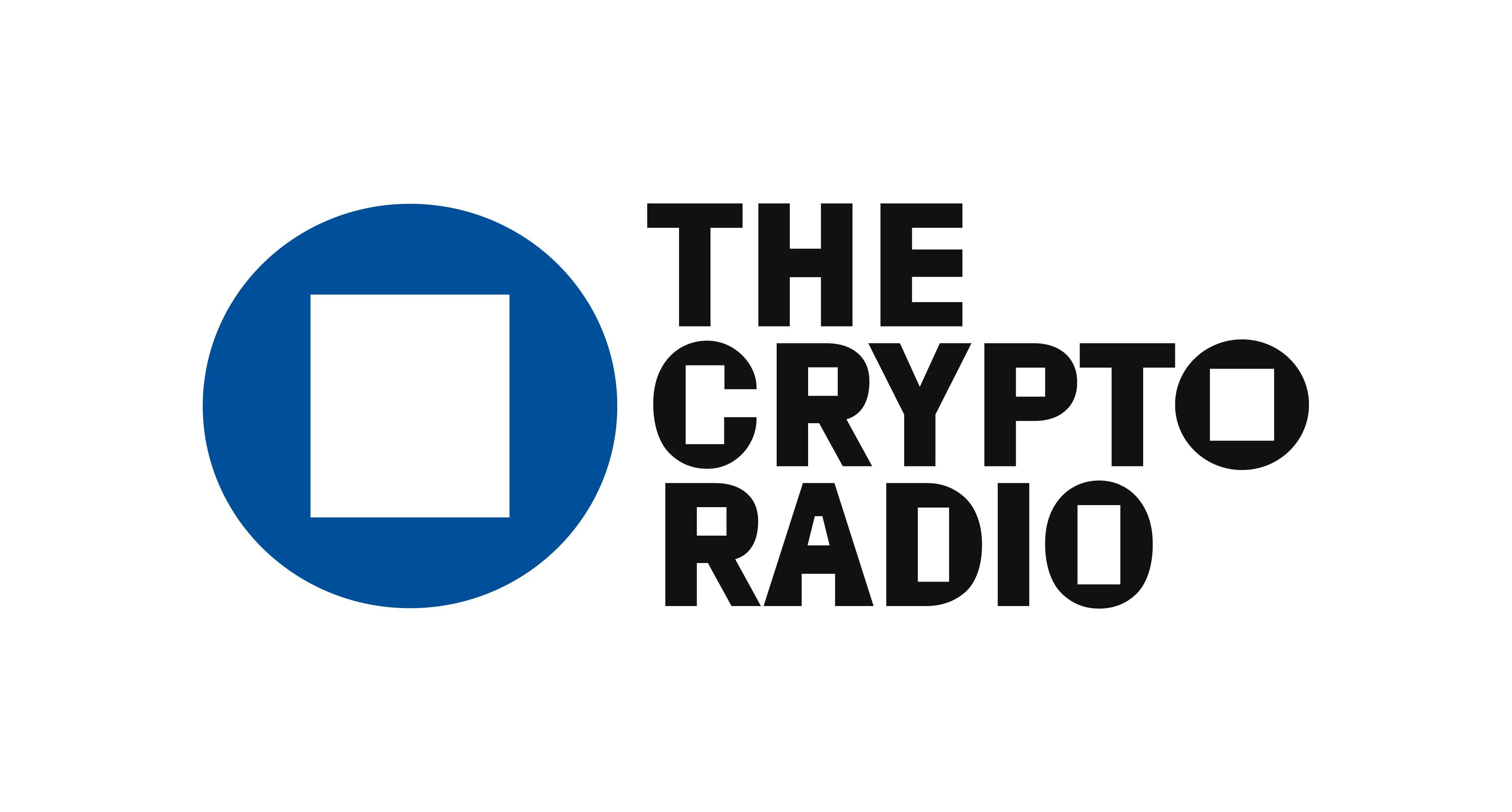 The Crypto Radio logo in blue, which is the shape of a key, with The Crypto Radio written to the right in black