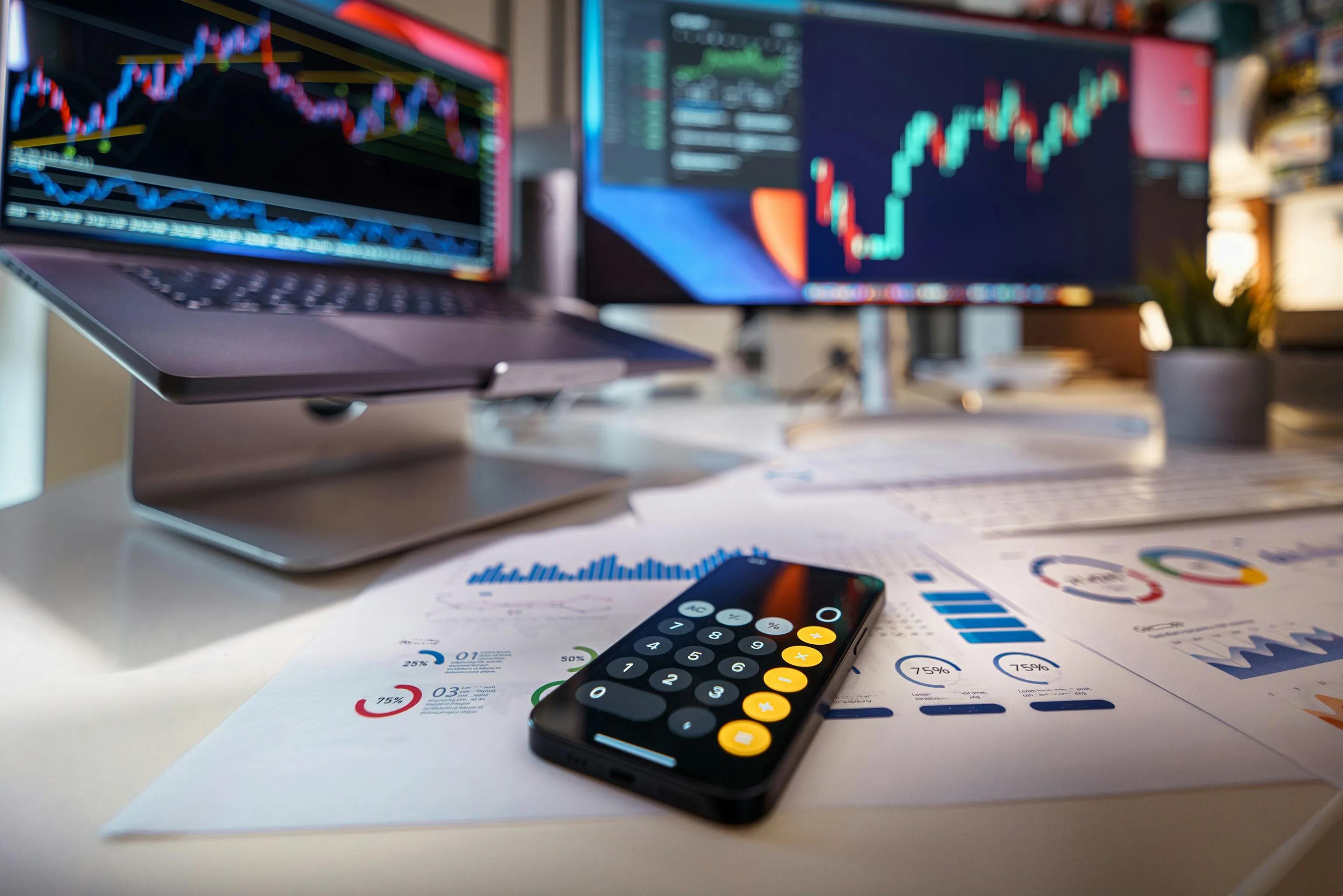 Crypto market desk with price charts